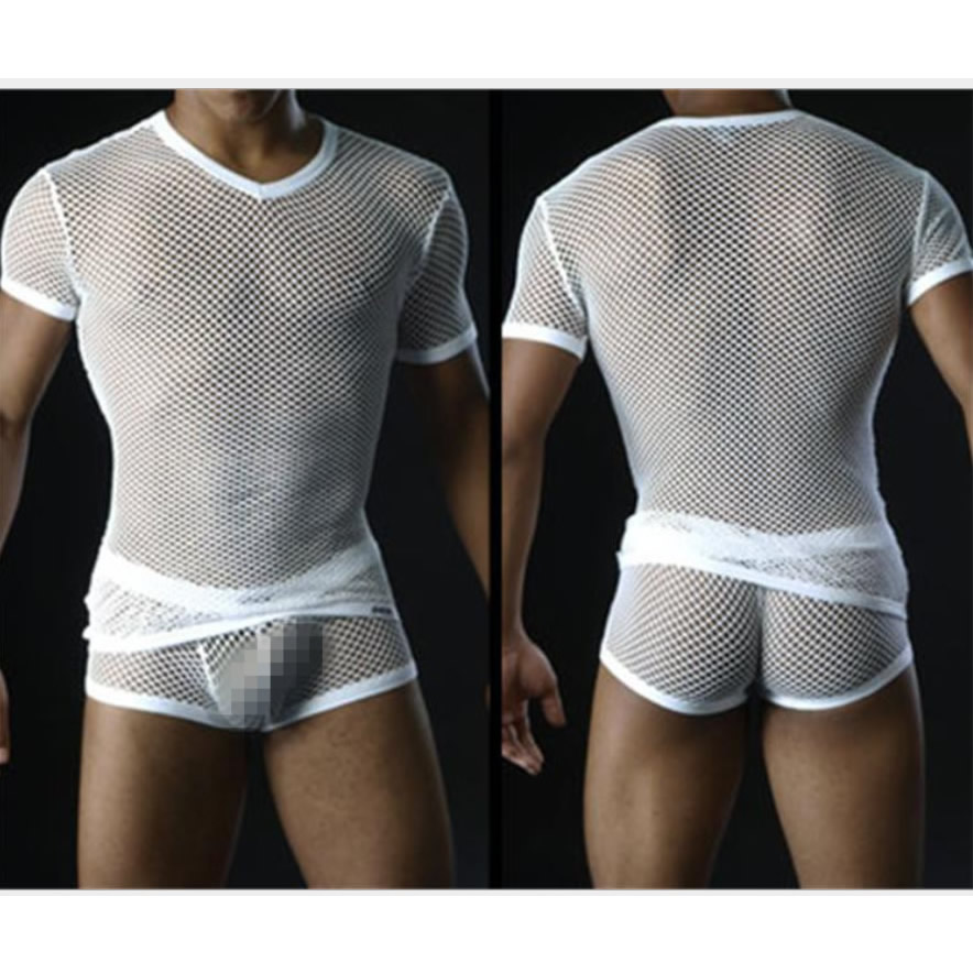 New Design Male Sexy Fishnet Lingerie Transparent Mesh T-shirt 